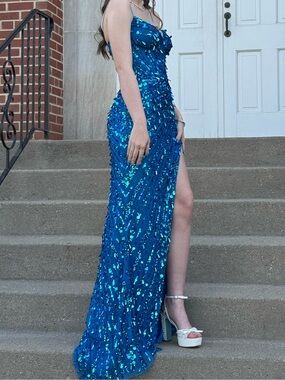 Sherri Hill Blue Sequin Spaghetti Strap Prom Dress